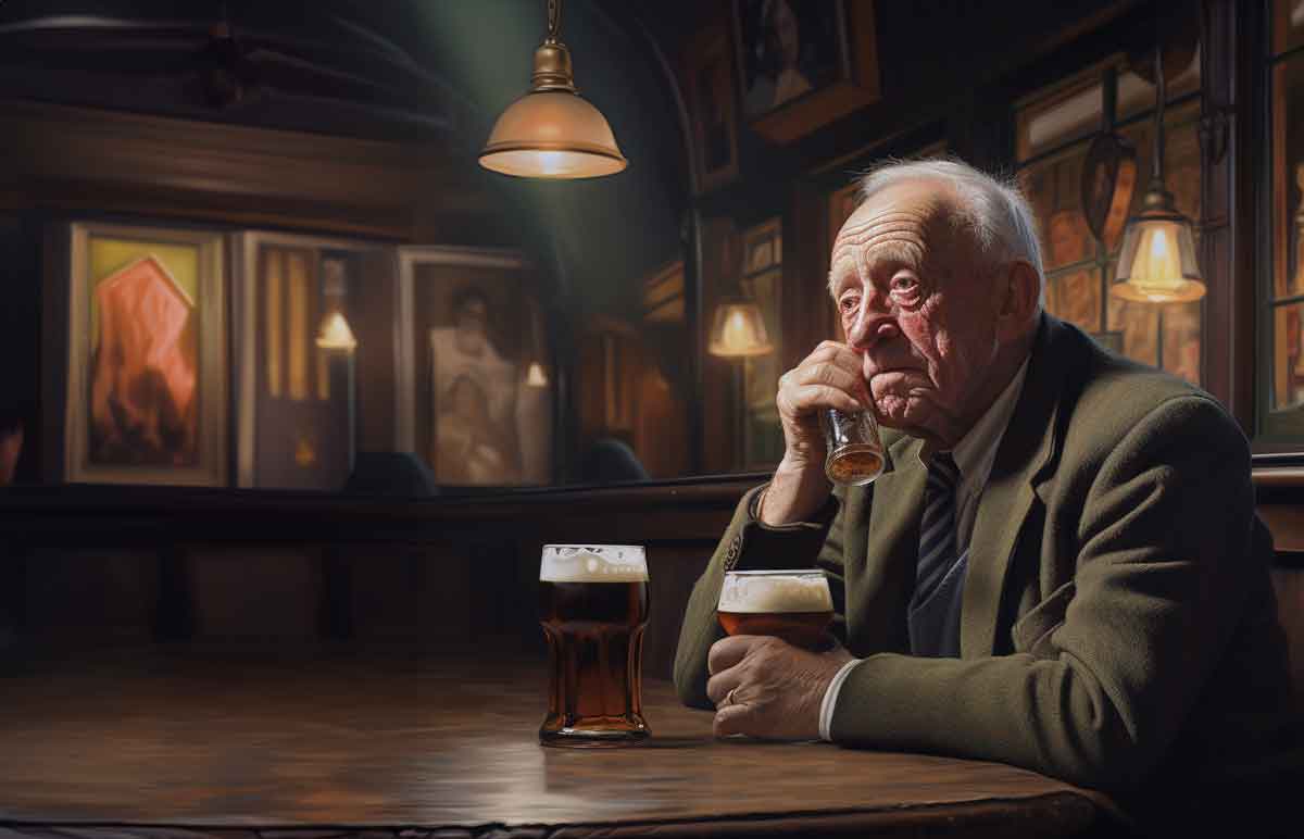 Old man drinking in the English pub