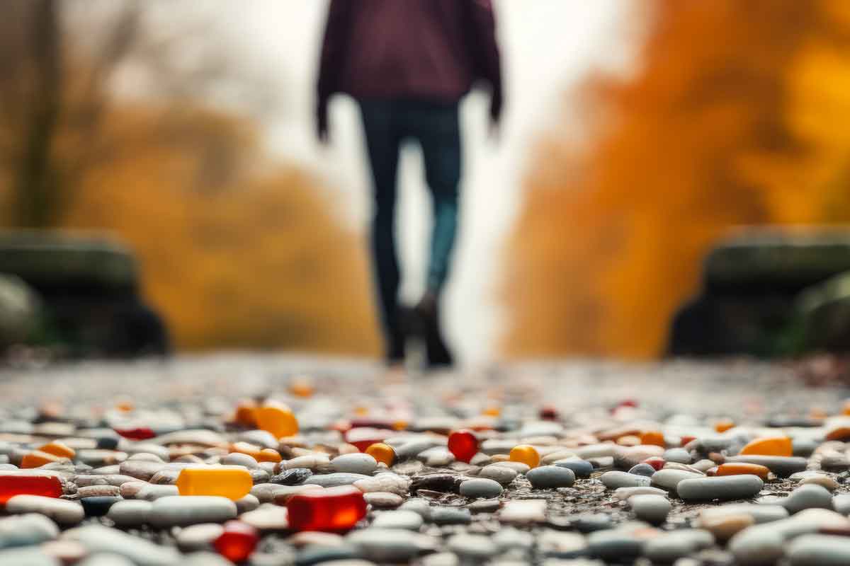 Symbolic journey of overcoming painkiller addiction with scattered pills on the ground and a person walking towards freedom in autumn
