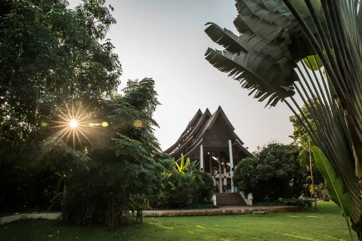 Traditional Thai-style building surrounded by tall palm trees under a clear blue sky at The Dawn.