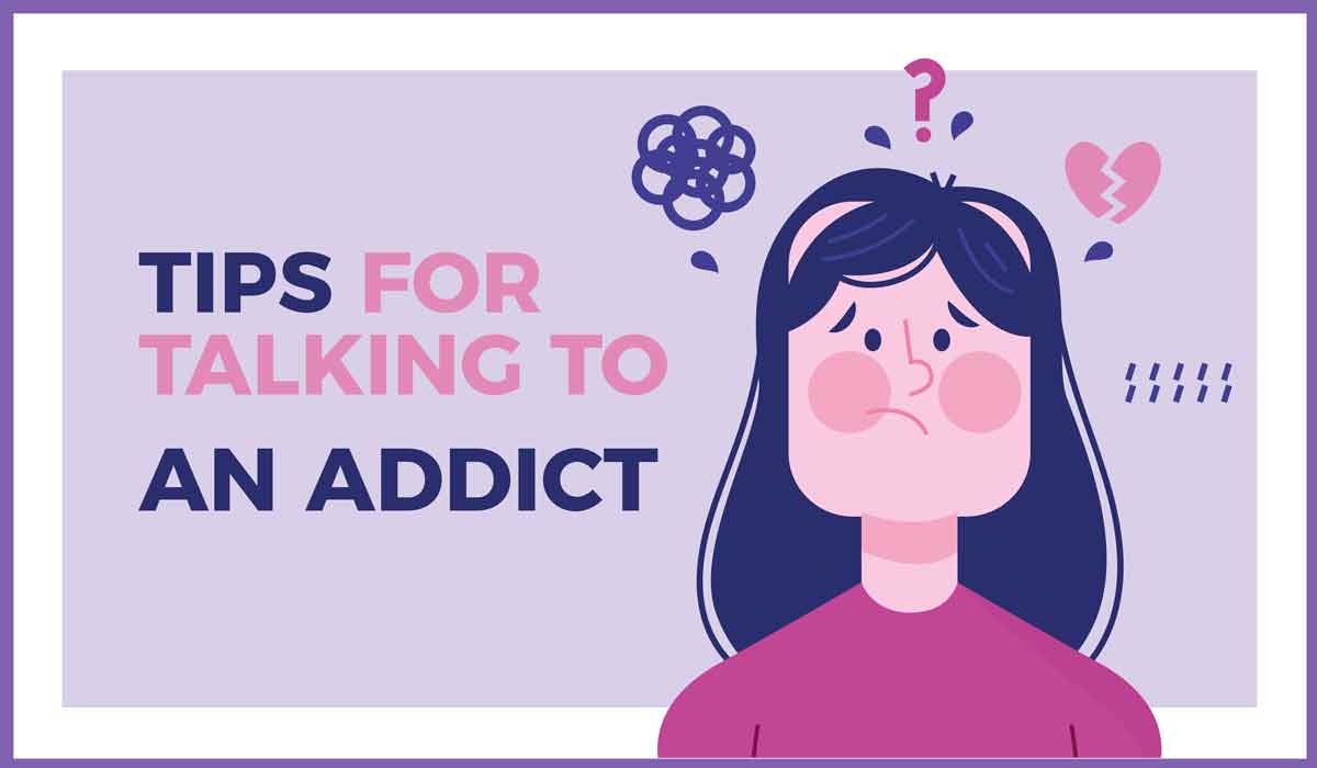 Banner: tips for talking to an addict, with illustration of a worried woman