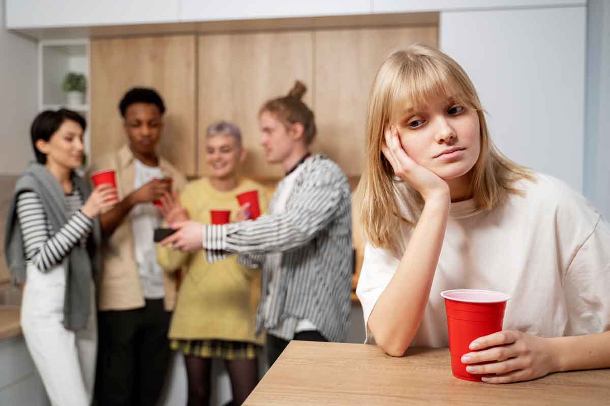 woman sitting alone at family and friends party