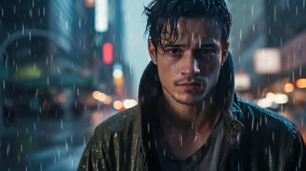 A sad young adult man standing in the rain in the middle of a big city