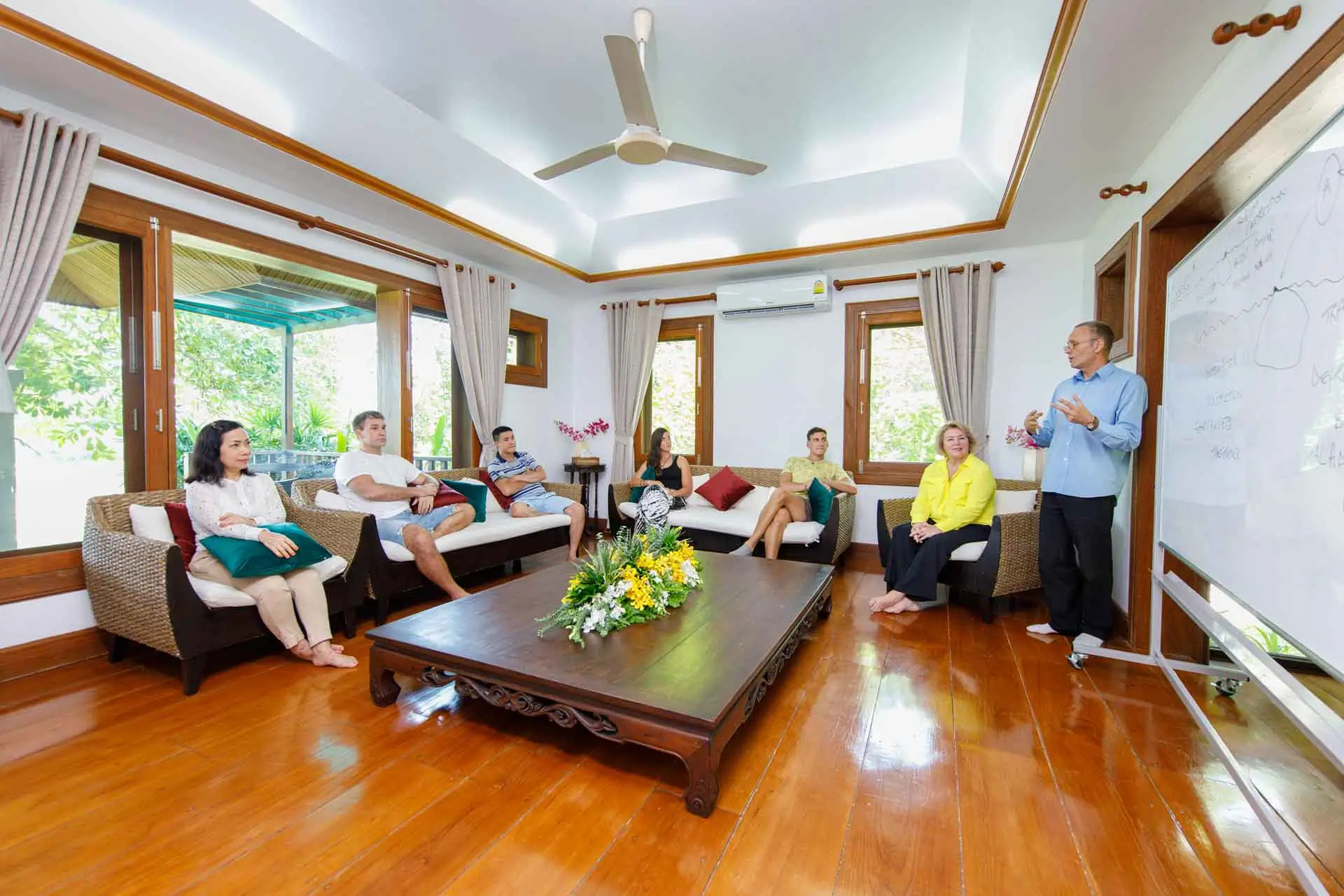 A group of six people listening to a man standing and presenting in a living room setting at The Dawn.