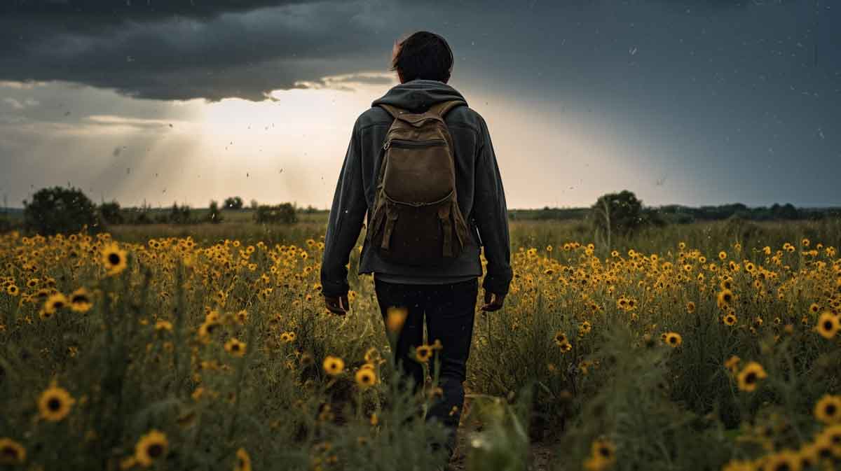 A young adult man in a sunflower field walking towards a sunlit grassland 